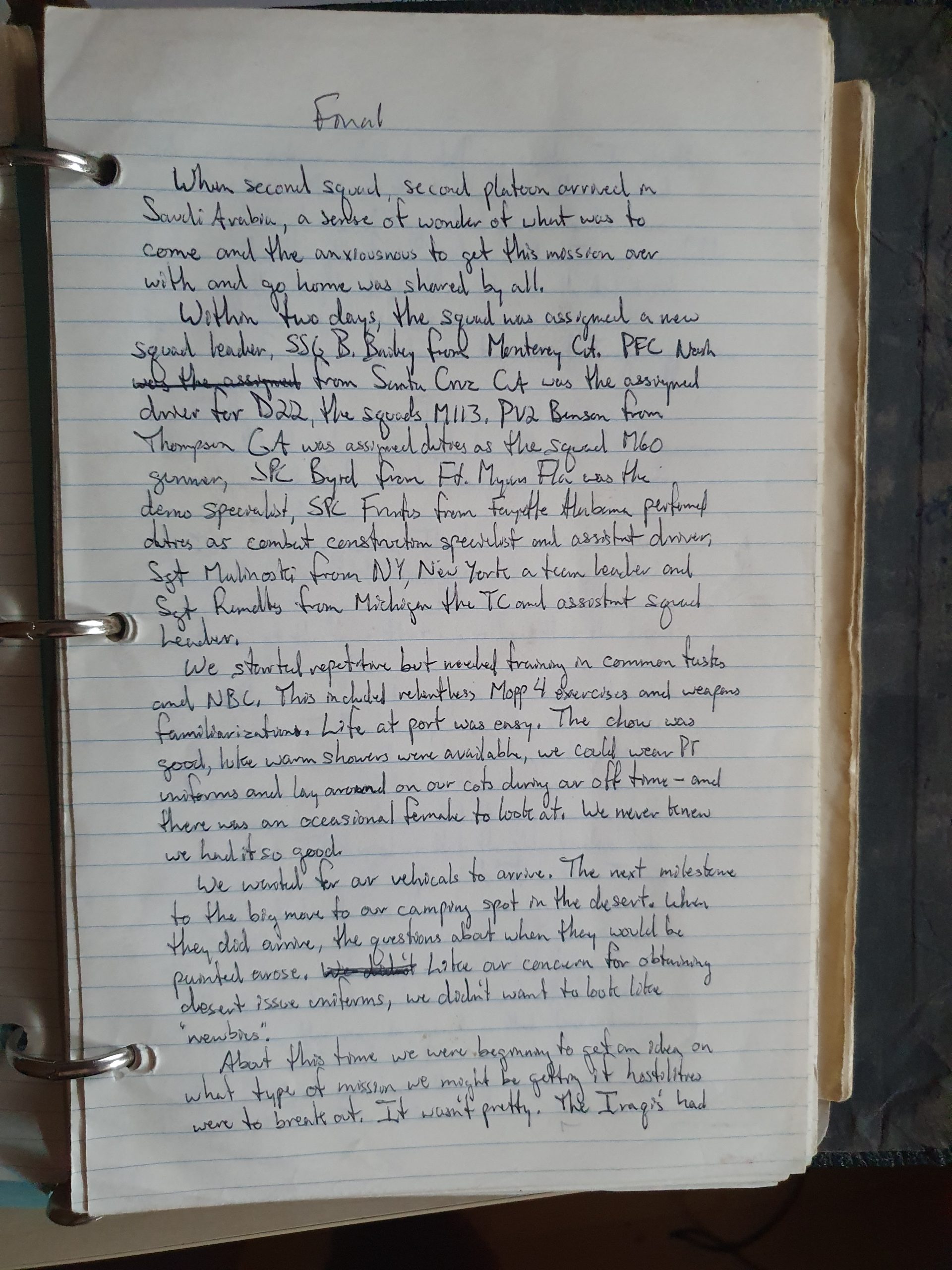 Desert Shield to Desert Storm: A Squad Leader's Account 2 first page of narrative written in Iraq